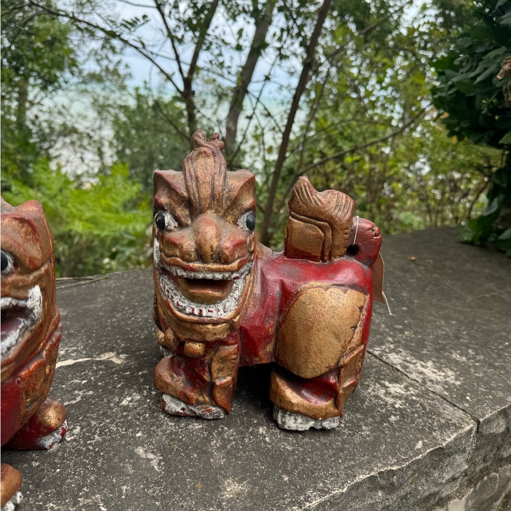 2 Vintage Carved Wood Thai Guardian Foo Dog Statues - Picture 13 of 16
